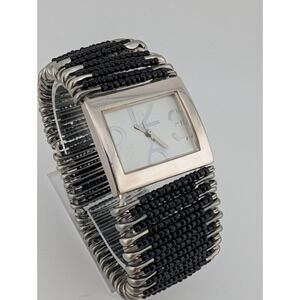 Safety Pin Watch Women 30mm Silver Case‎ Black Safety Pins- New Battery